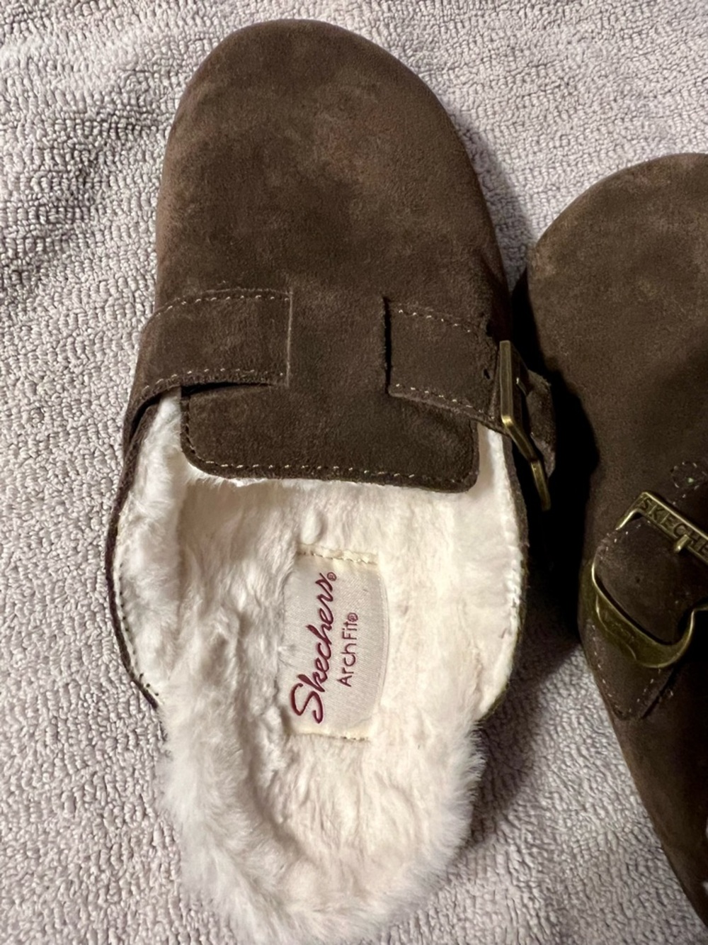 Skechers Chocolate Brown Leather Clog with White Faux Fur Lining